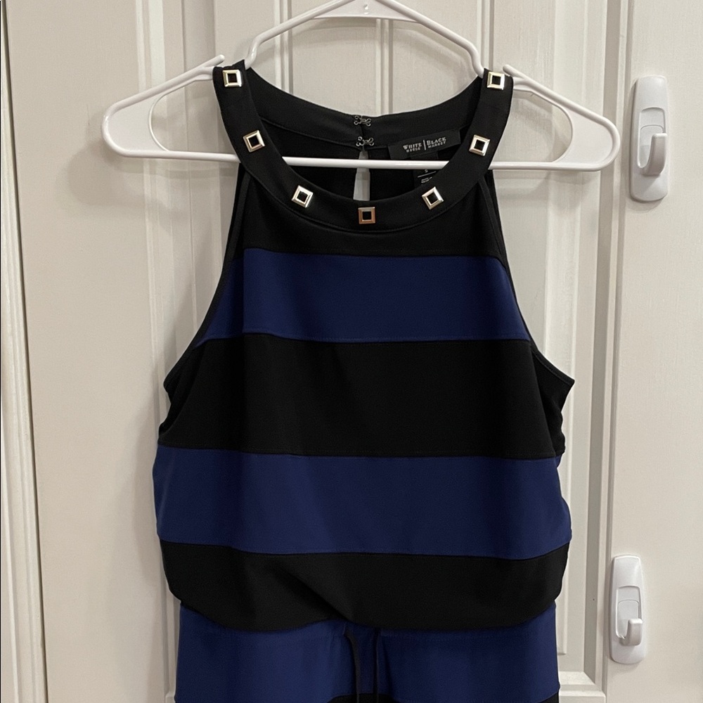 💙WHBM High Neck Sleeveless Midi Dress Navy and Black Stripe Asymmetric Hem Small